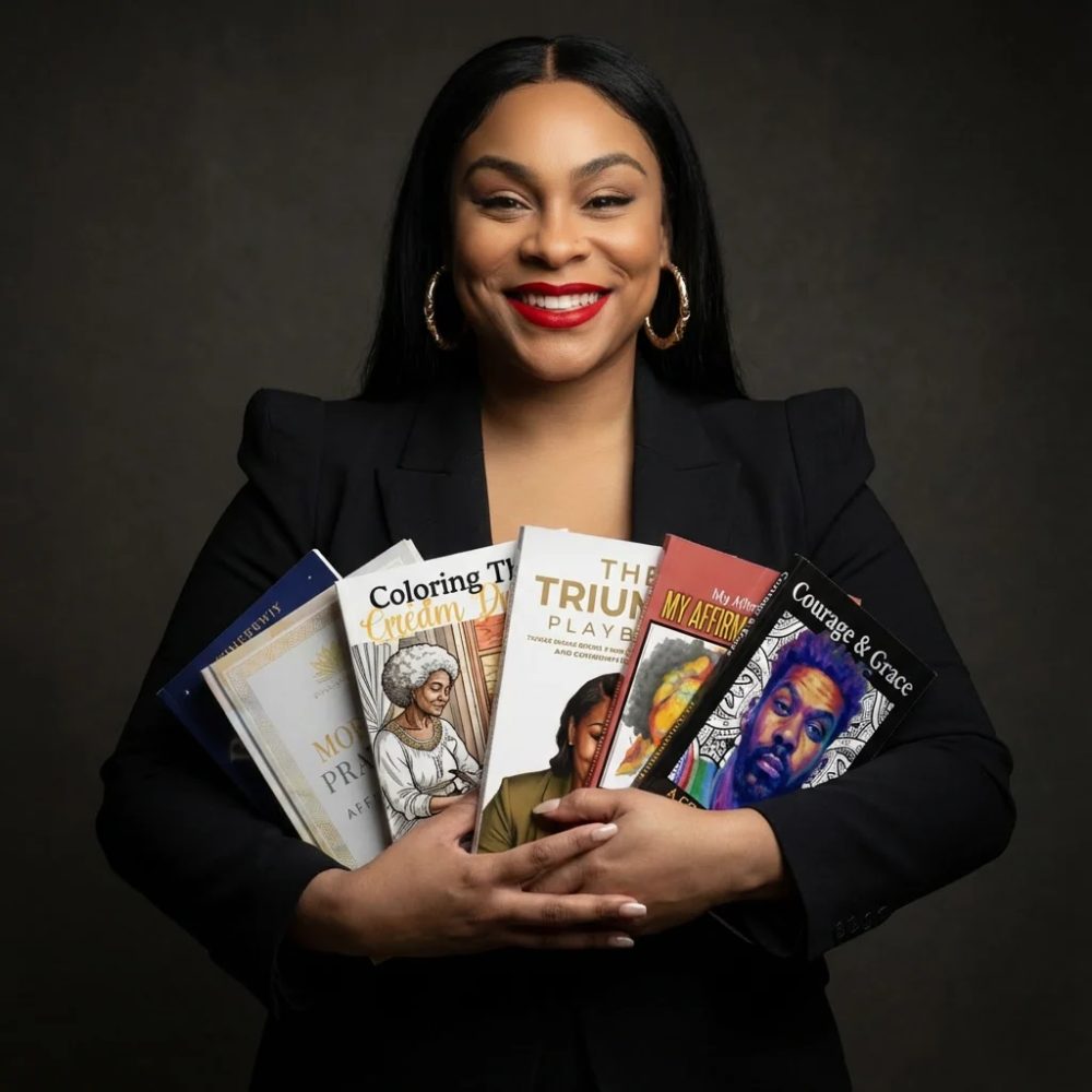 ALowe McCants holding an armful of books she has published